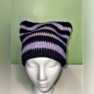 Striped Lavender & Black Crochet Cat Ear Beanie